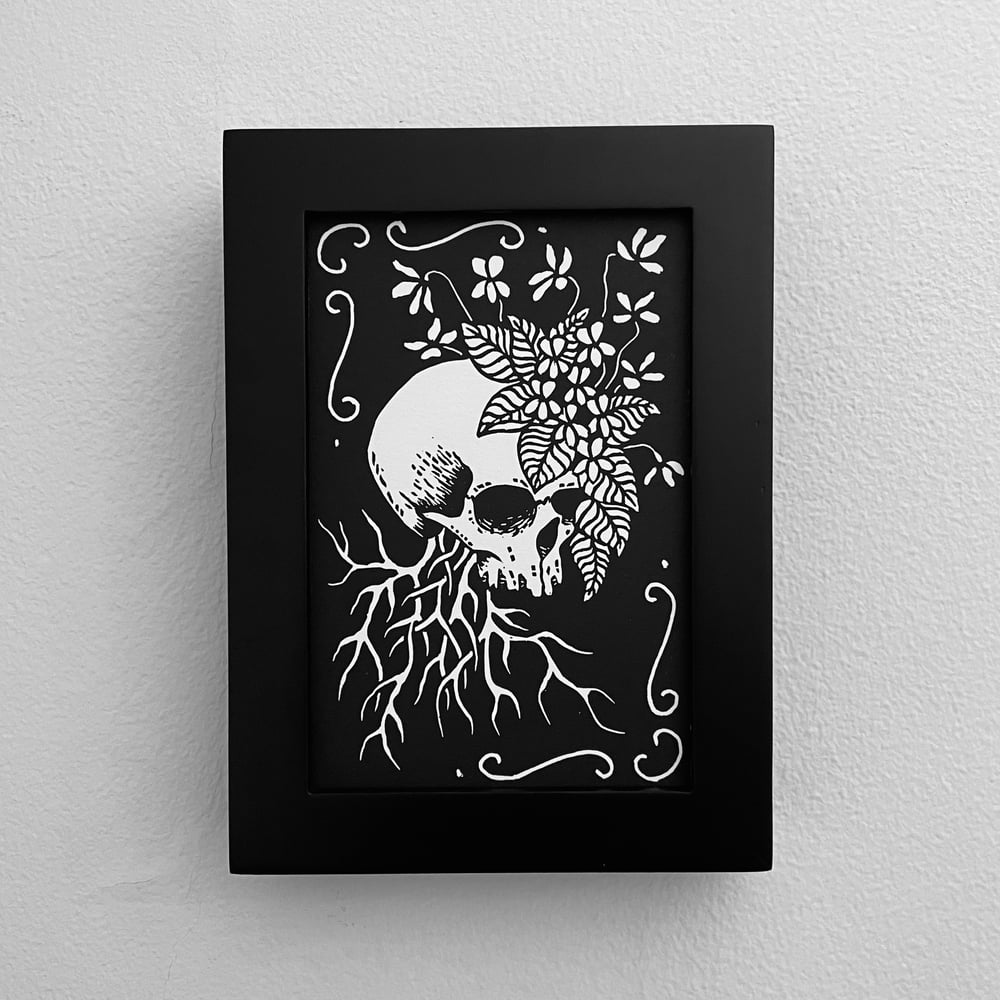 Skull And Violet Flowers Linocut Print