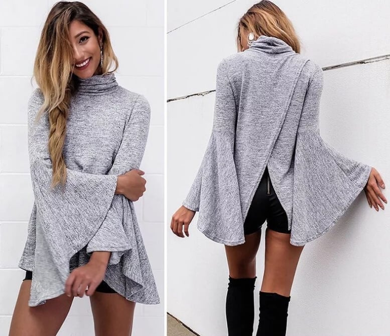 Image of Fashionable high - collar flared sleeve shirt