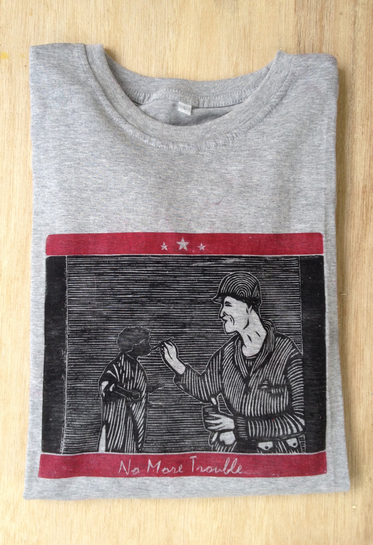 Image of Woodcut Print On Tshirt - No More Trouble