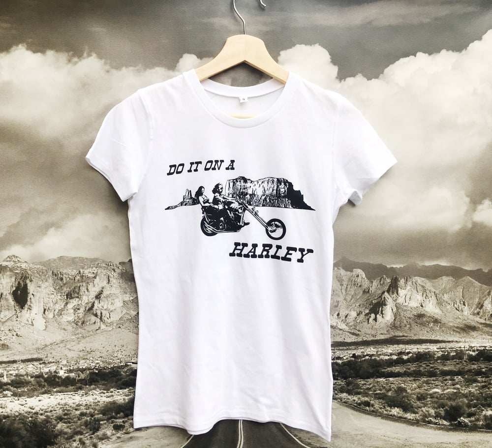 Image of women's do it on a harley t-shirt