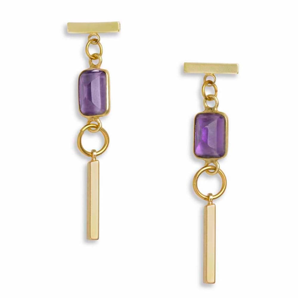 Image of AMETHYST FEBRUARY BIRTHSTONE & GOLD BAR EARRINGS