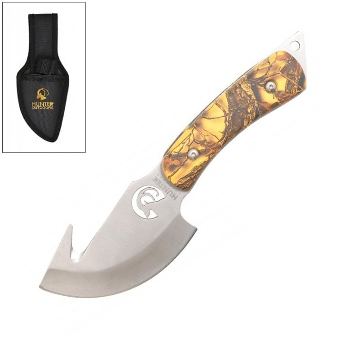 Image of Camo Hunting Stainless Steel Gut Hook Skinning Knife with Sheath