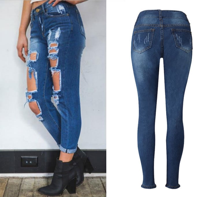 Image of Hot sale girl hole jeans loose jeans long trousers