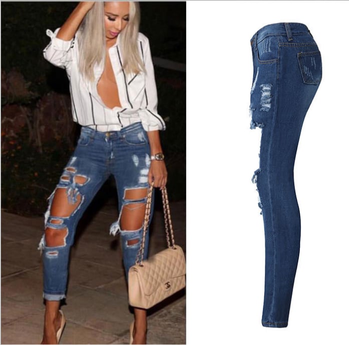 Image of Hot sale girl hole jeans loose jeans long trousers