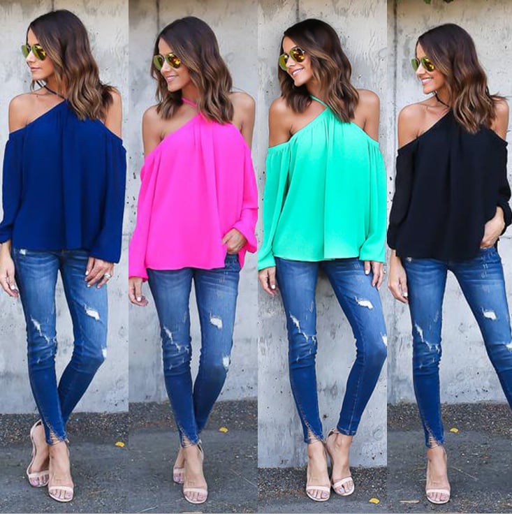 Image of Sexy off-the-shoulder sling chiffon blouse