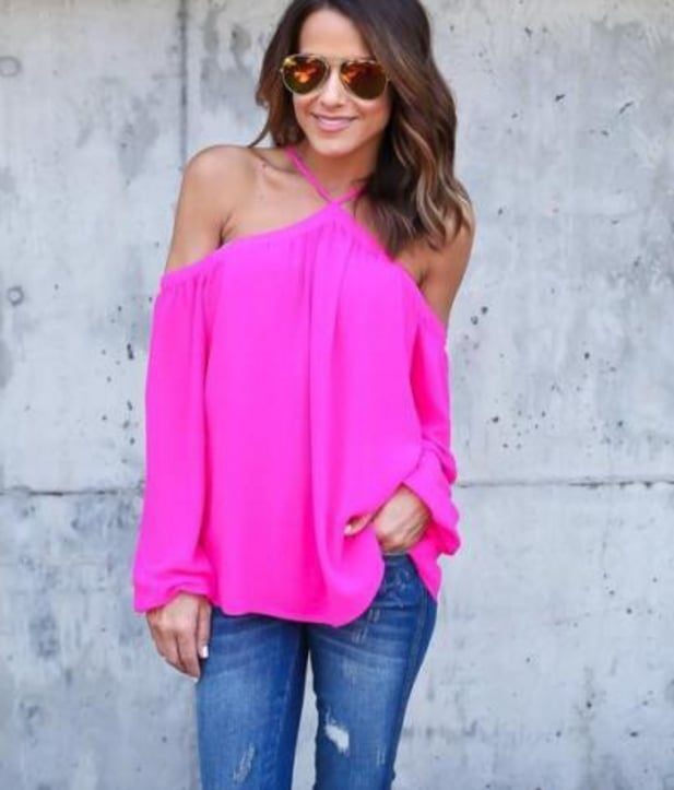 Image of Sexy off-the-shoulder sling chiffon blouse