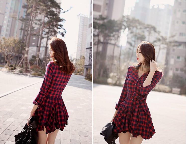 Image of Vintage checked long sleeve pleated shirt with a waist - bottom dress