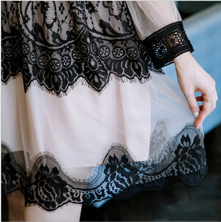 Image of Long sleeve lace round neckline dress