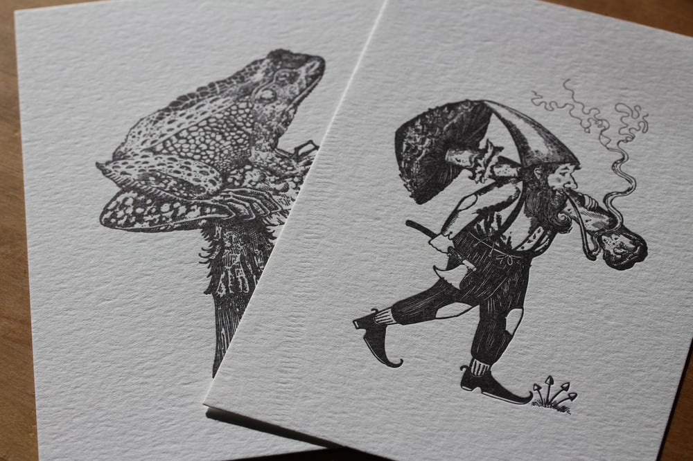 Gnome and toad letter press prints.