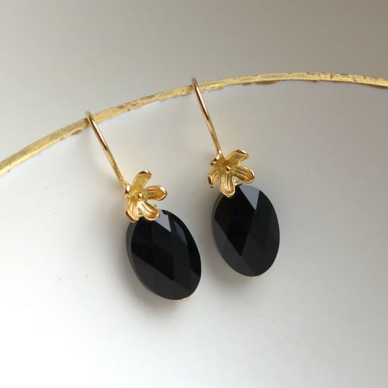 Image of Gold Flower And Jet Black Swarovski Drop Earrings