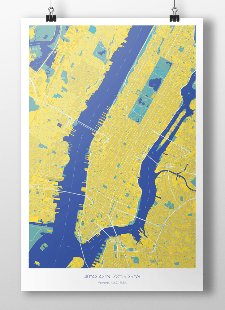 Image of Manhattan Map Poster Yellow + Blue