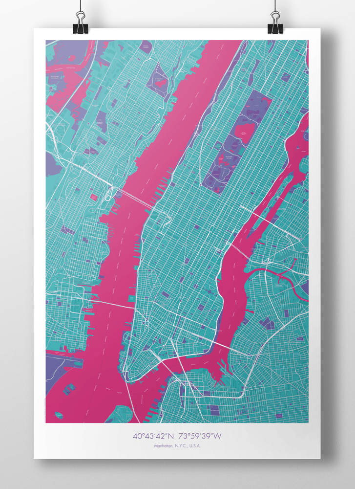 Image of Manhattan Map Poster Turquoise + Pink