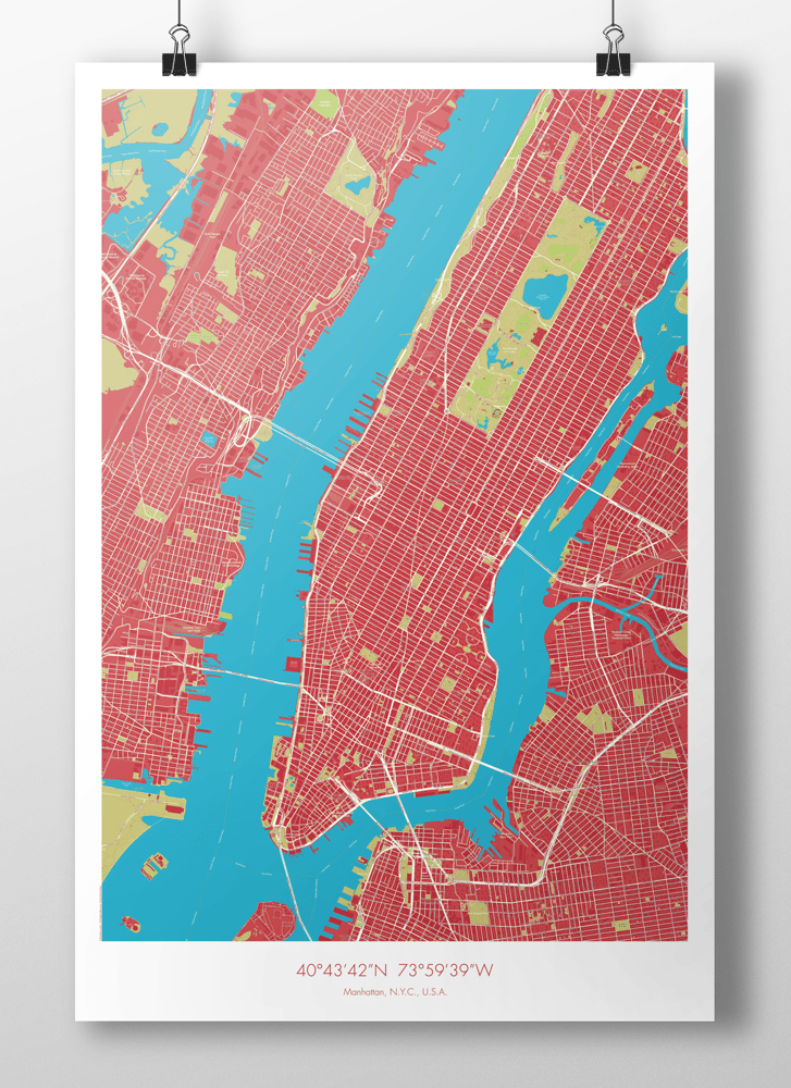 Image of Manhattan Map Poster Red + Blue