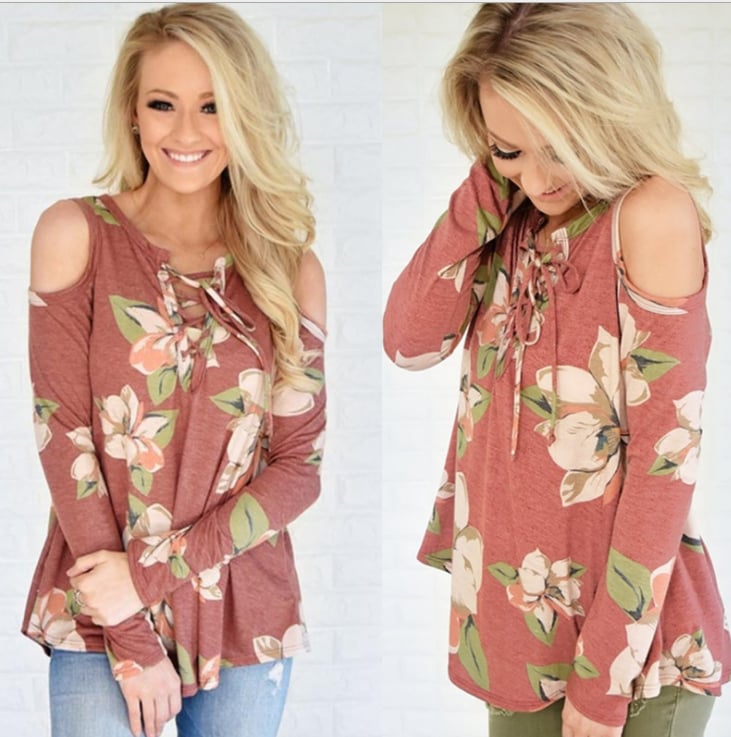 Image of Fashion flower print shoulder belt long sleeve T-shirt blouse