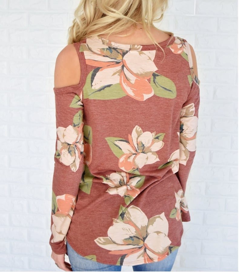 Image of Fashion flower print shoulder belt long sleeve T-shirt blouse