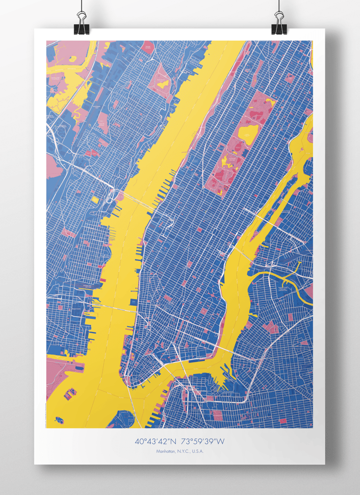 Image of Manhattan Map Poster Darkblue + Yellow