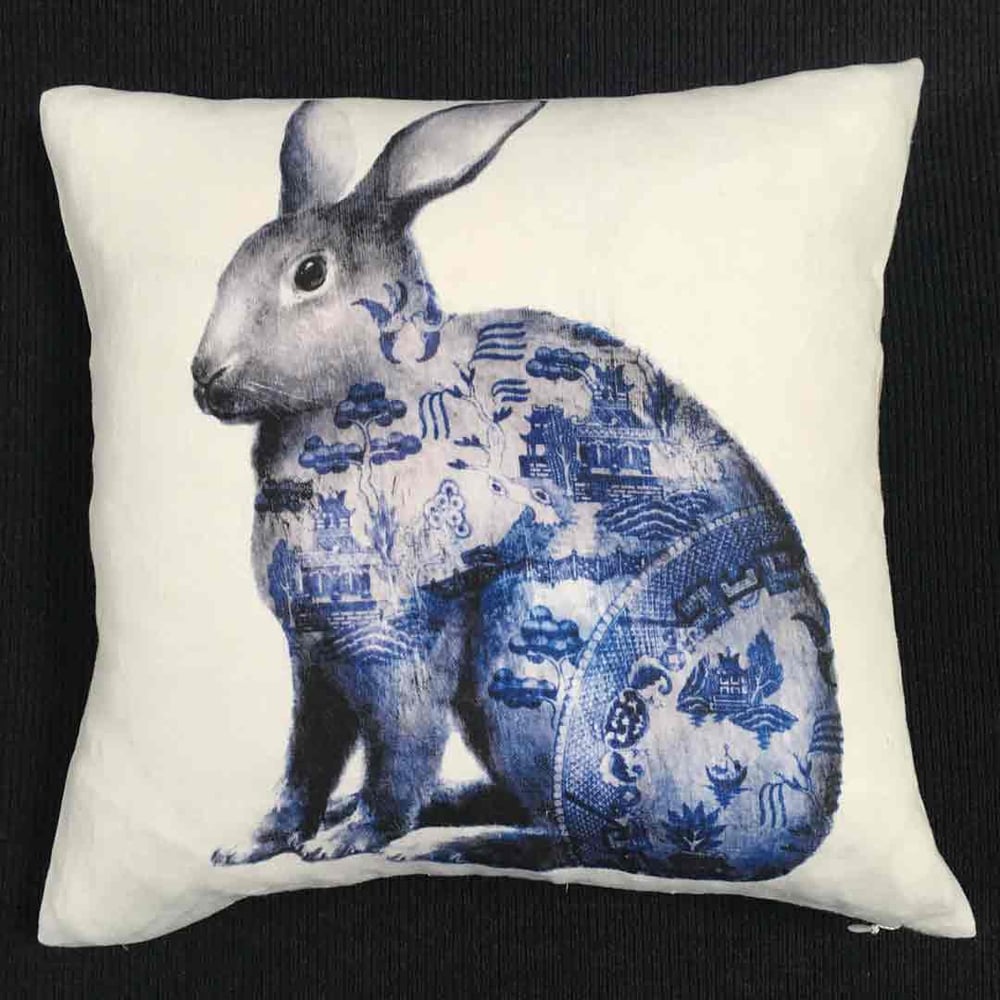 Image of Linen Blue Willow Rabbit Cushion