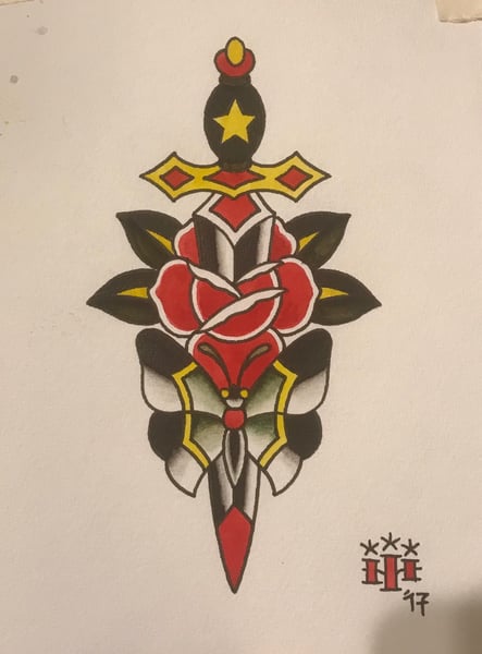 Image of Dagger,Rose & Butterfly