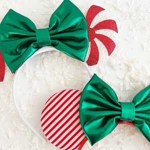 Image of Red Peppermint Mouse Ears with Green Bow