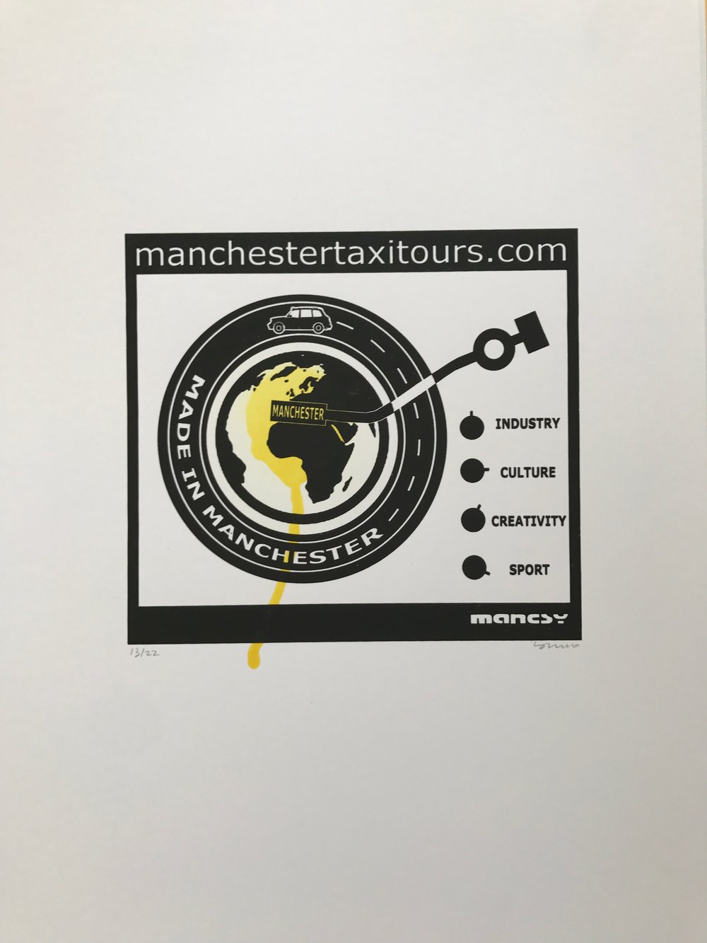 Image of A3 MCR TAXI TOURS screen print with sprat paint 