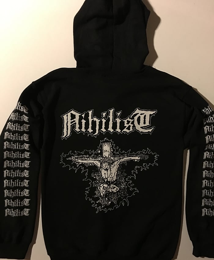 Image of Nihilist " Radiation Sickness " Hooded Sweatshirt with logo Sleeve prints