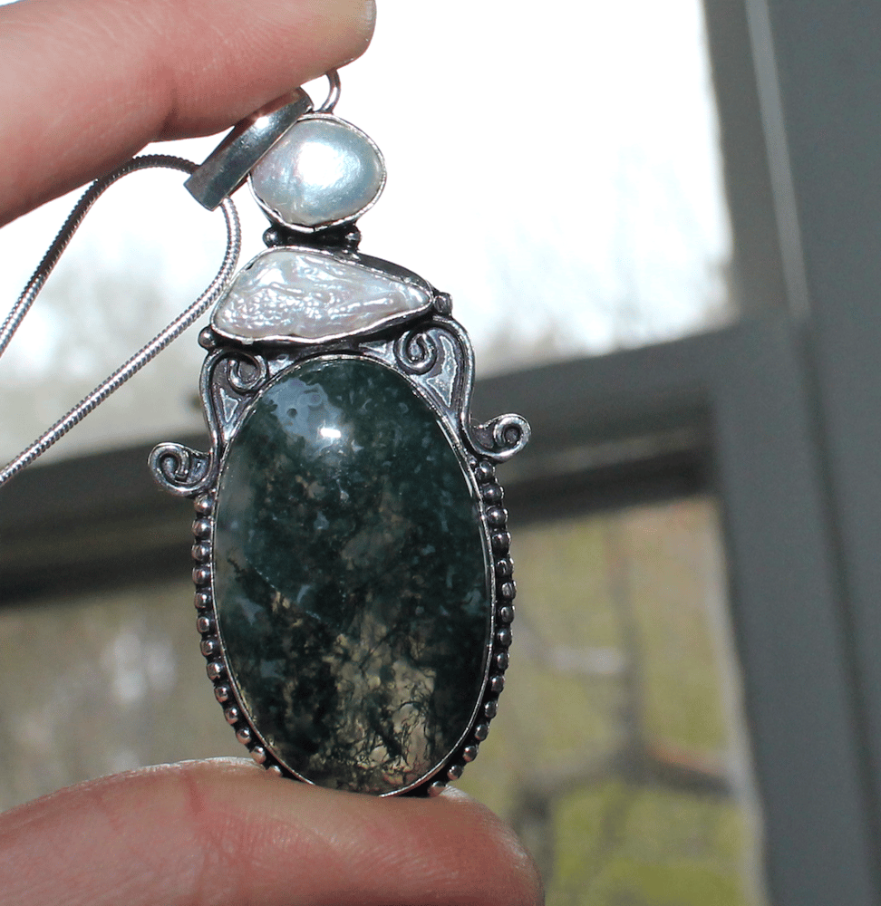 Image of Moss Agate & Pearl Sterling Silver Necklace