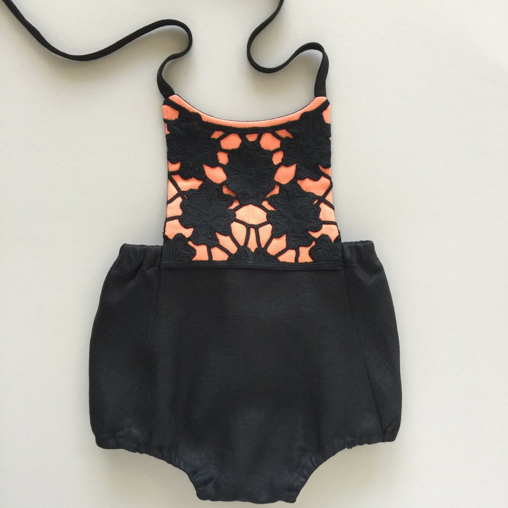 Image of Size 12 months - Black and Apricot Linen Romper