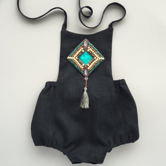 Image of Size 12 months - Black Linen Romper with Bead and Tassel