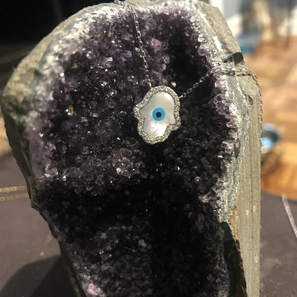 Image of CZ mother of pearl Hamsa evil eye necklace