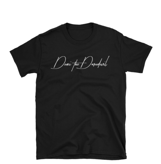 Image of Demi the Daredevil White Text on Black