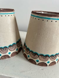 Image 3 of "The Edmund Brothers" - Matching Pair of Hand Painted Linen Lampshades, Candle-clip