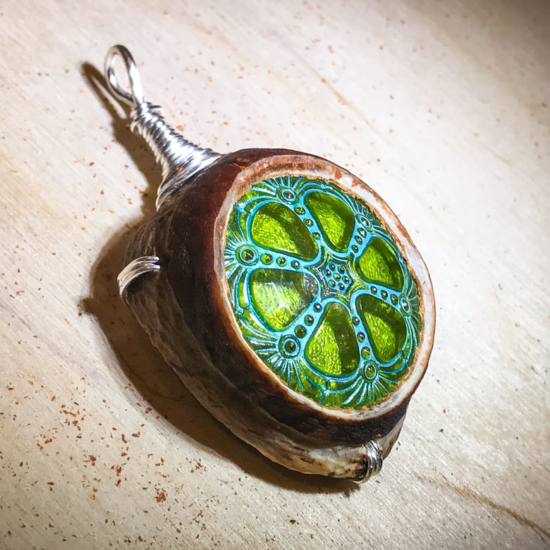 Image of Green Czech Glass Wheel Button & Avocado Stone Pendant 02