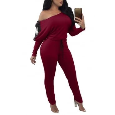 Image of Euramerican Bateau Neck Lace-up Wine Red Polyester One-piece Jumpsuit