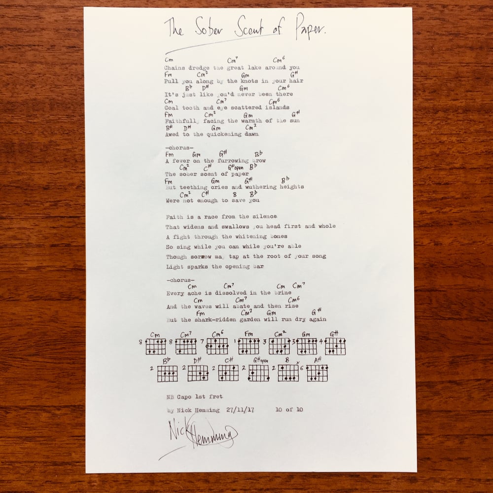 Image of The Sober Scent of Paper - Signed Lyric & Chord Sheet