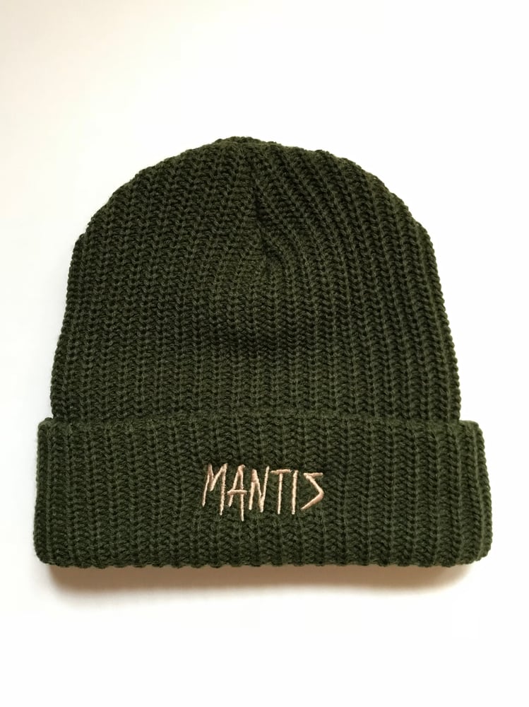 Image of Mantis “Logger” snowboard beanie sketch logo forest green