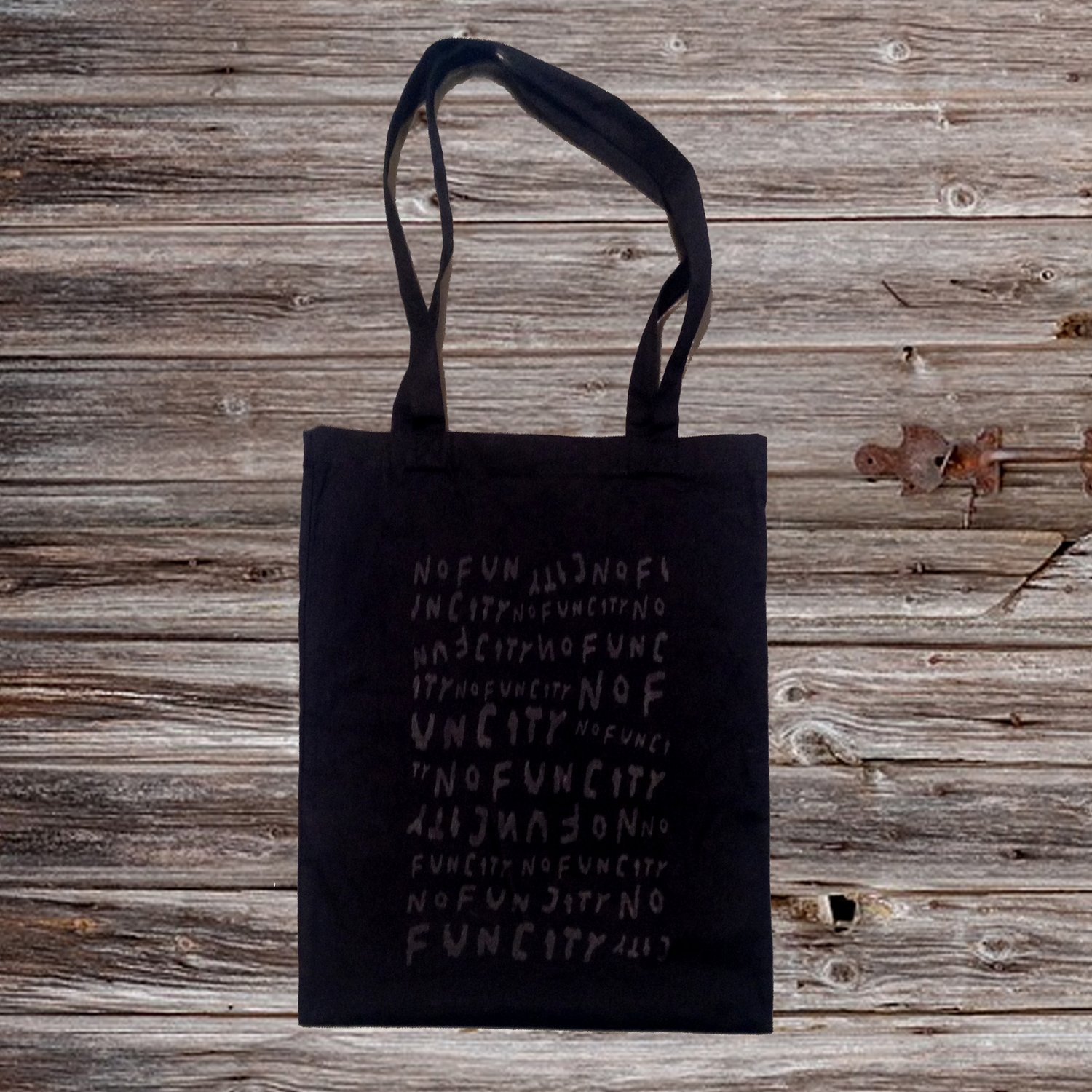 Image of NO FUN CITY Tote Bag (BLACK/BLACK-DYED COTTON)