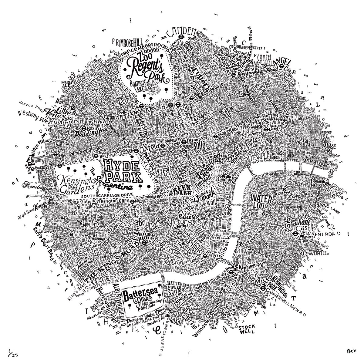 Typographic Street Map Of Central London (White, 2016) | Run For The Hills