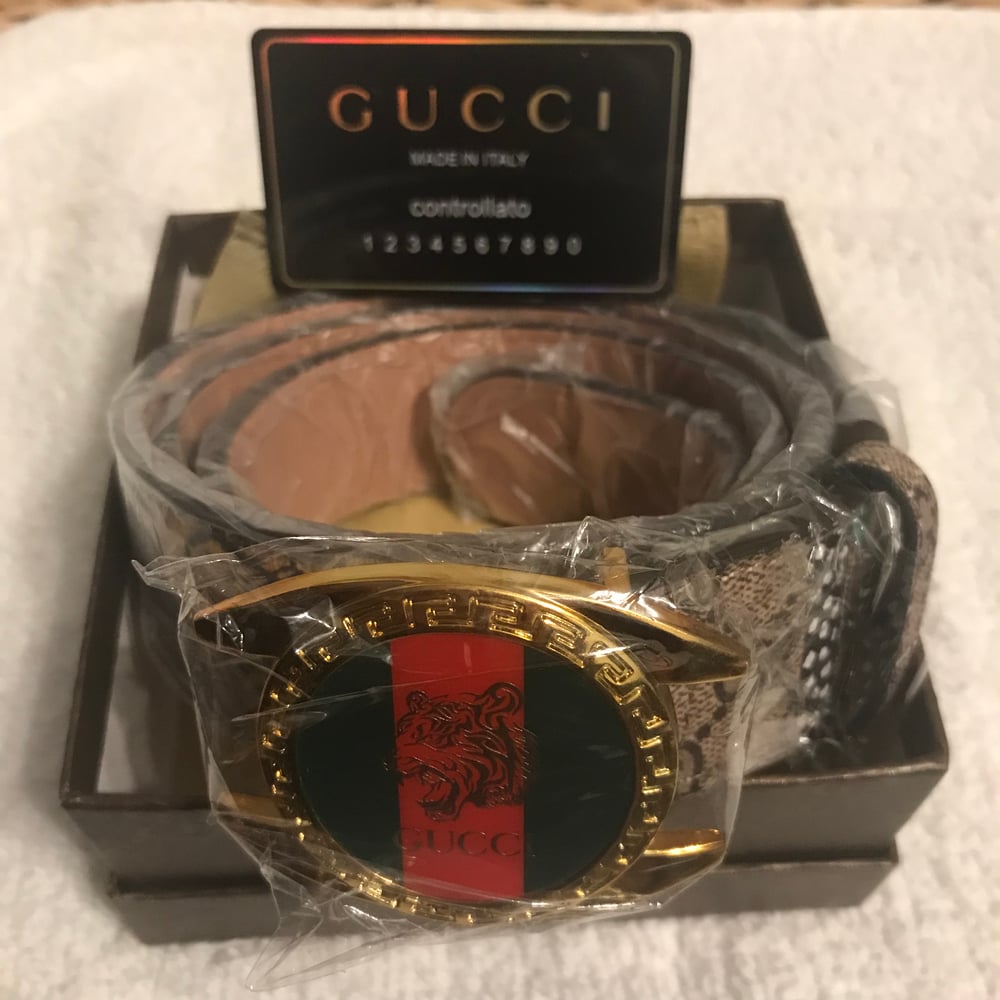 Image of Mens Genuine Leather Gucci Belt with gold Gucci buckle