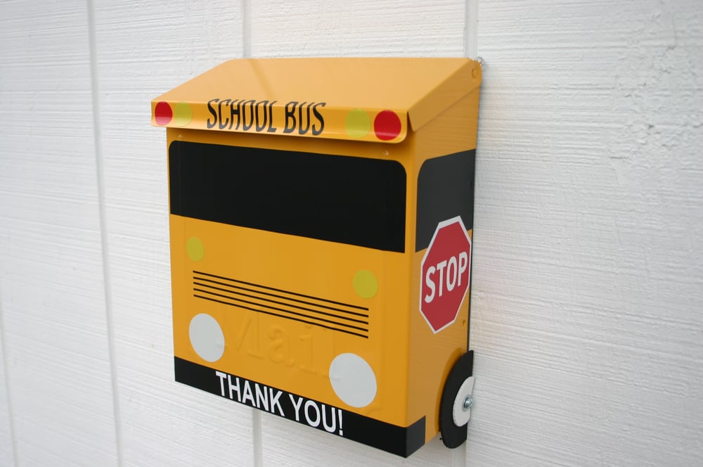 Image of School Bus Wall Mounted Mailbox by TheBusBox Locking or Non Locking Payment Box Drop Box