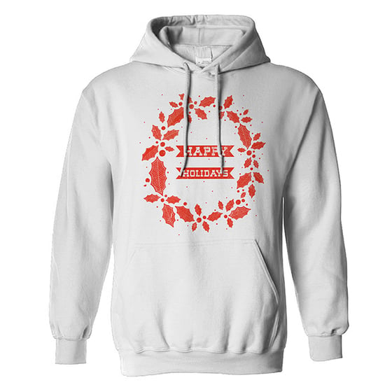 Image of Happy Holidays Holly White Hoodie With Red Print Christmas Sweat/Jumper