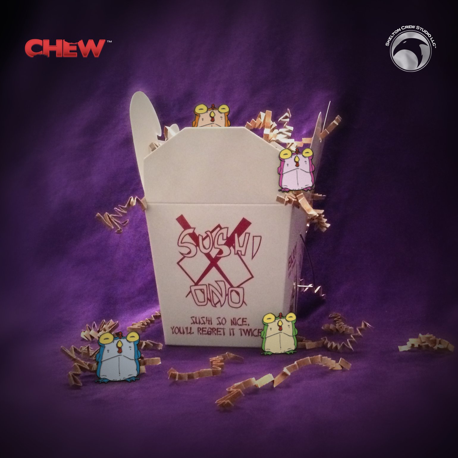 Image of CHEW: Chogs to go! Sushi Ono takeout with 4 classic Chog enamel pins!