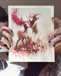 Image 1 of 'Girl w/ bunny mask whispering to Albino deer' - 10 x 9" - Open Edition Museum Archival Print