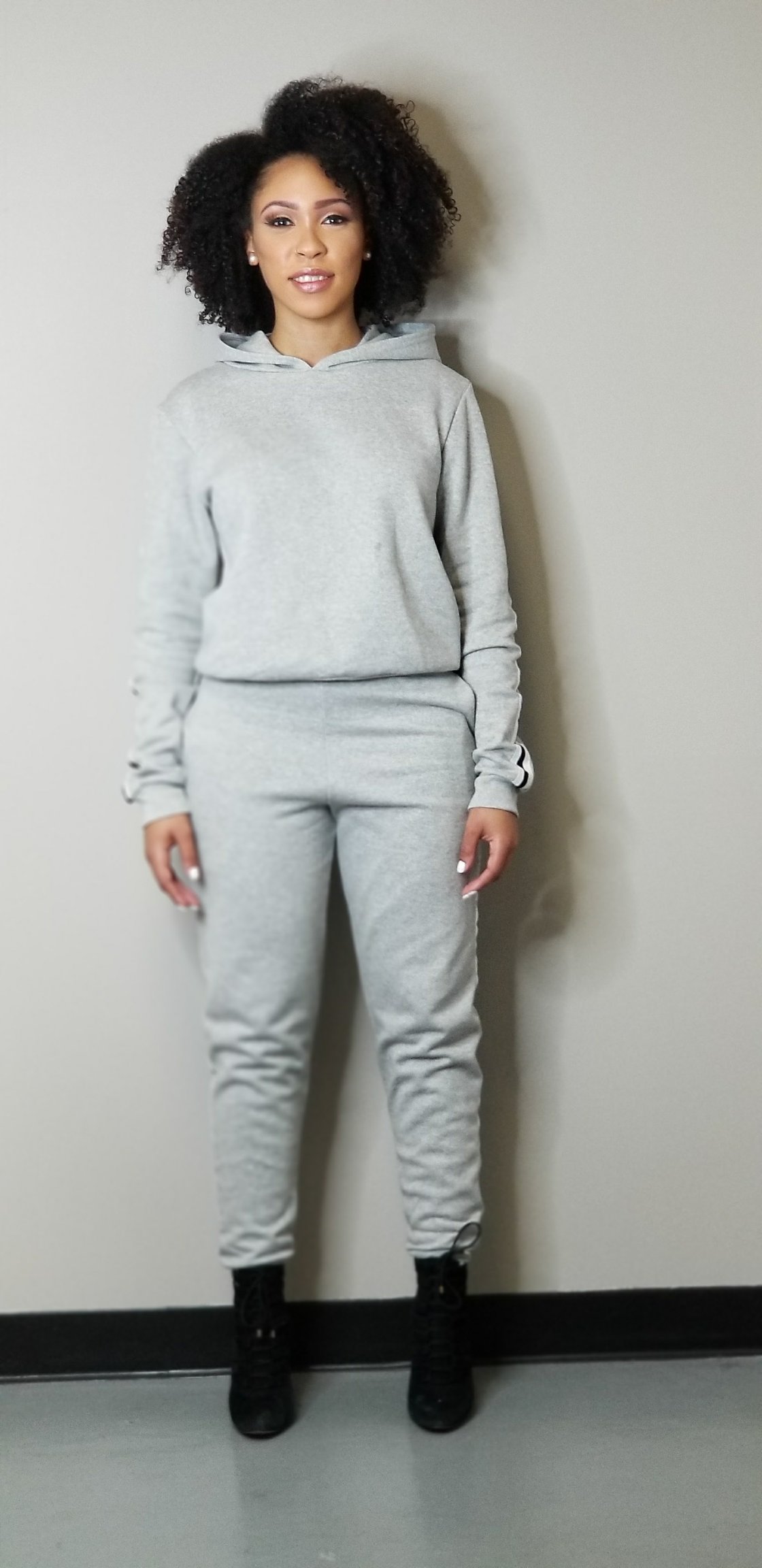 Image of Grey Sweat Suite with Black strip