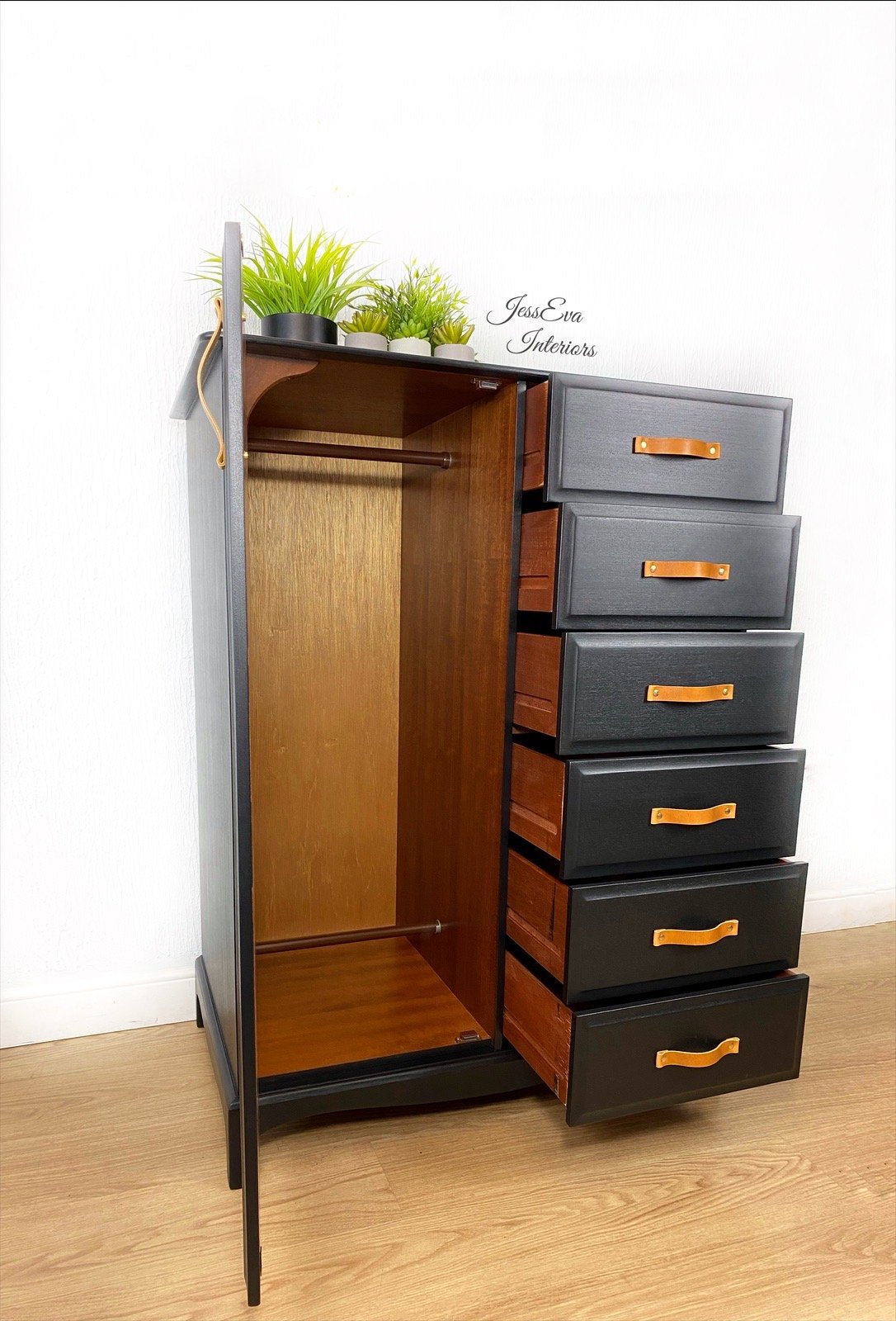 Black Stag Minstrel Gentleman’s Wardrobe / Tallboy with Drawers with leather handles 