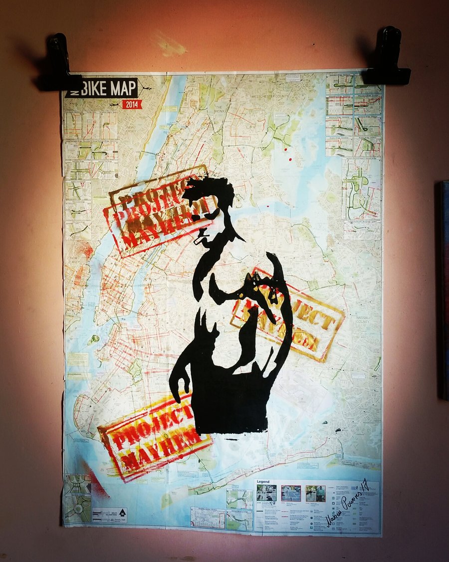 Image of "Fight Club." Original Silkscreen on New York City Bike Map. Collection: "New York Loves Me.".