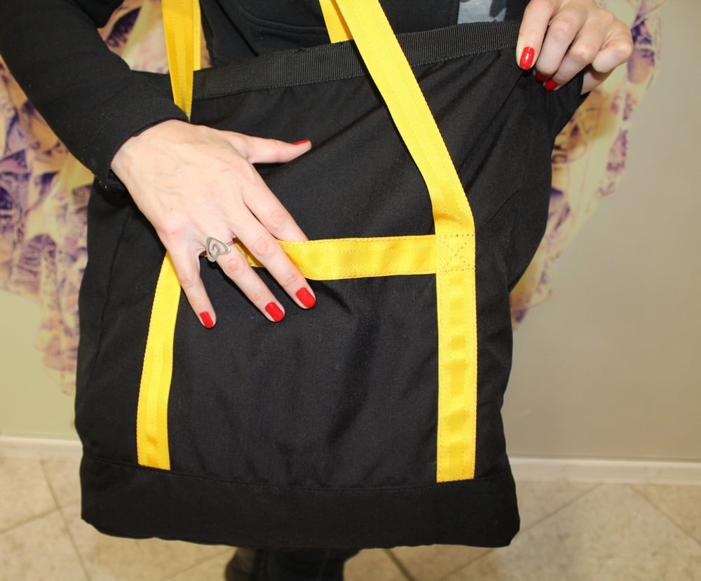 Image of Tote Bag / Black Cordura / Army Canvas Lining / Durable Roomy /Yellow Polyester Straps 403 g