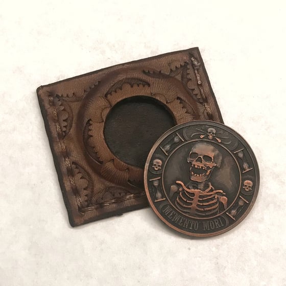 Image of Custom Leather Sleeve/Memento Mori 1oz Copper Challenge Coin