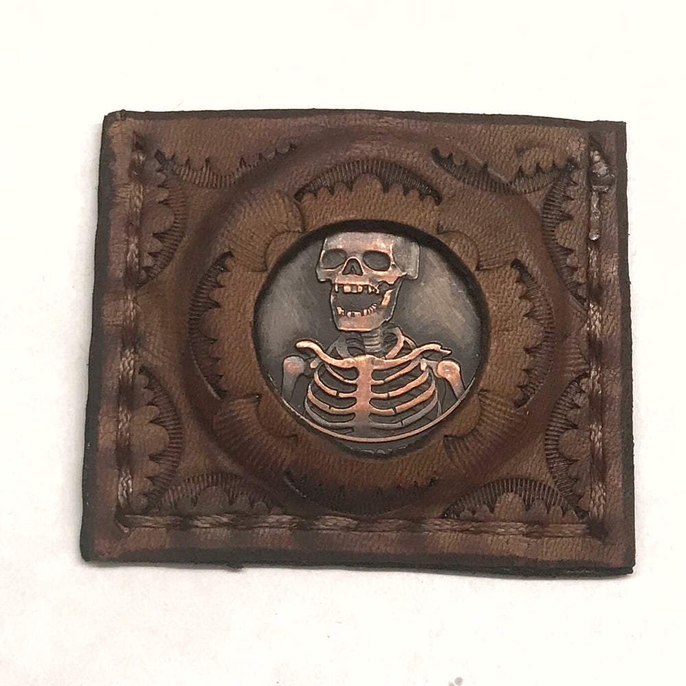 Image of Custom Leather Sleeve/Memento Mori 1oz Copper Challenge Coin