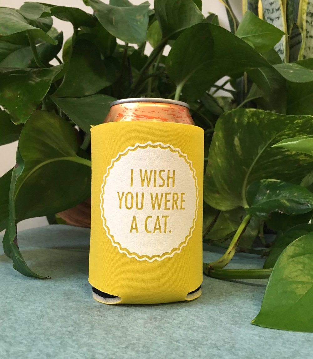 I Wish You Were A Cat- screen-printed can cooler-mint