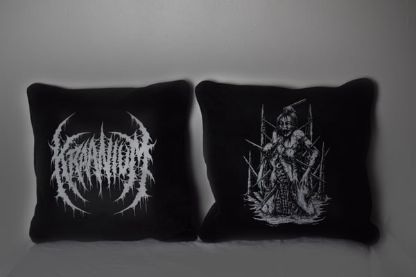 Image of Kraanium - SLAM HER GUTS ARTWORK - Black cushion with white print